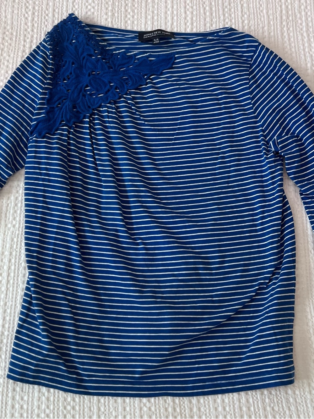 Petite Jones New York Navy & White Striped Knit Top with Appliqué
